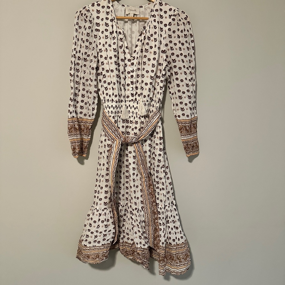 Cleobella White and Brown Patterned Long Sleeve Dress
